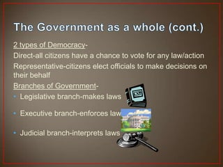 2 types of Democracy-
Direct-all citizens have a chance to vote for any law/action
Representative-citizens elect officials to make decisions on
their behalf
Branches of Government-
• Legislative branch-makes laws

• Executive branch-enforces laws

• Judicial branch-interprets laws
 
