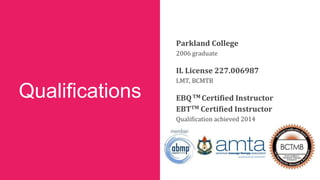 Qualifications
Parkland College
2006 graduate
IL License 227.006987
LMT, BCMTB
EBQTM Certified Instructor
EBTTM Certified ...