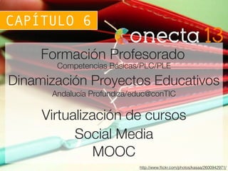 CAPÍTULO 6
http://www.ﬂickr.com/photos/kasaa/2600942971/
Dinamización Proyectos Educativos
Formación Profesorado
Competencias Básicas/PLC/PLE
Virtualización de cursos
Social Media
Andalucía Profundiza/educ@conTIC
MOOC
 
