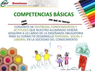 COMPETENCIAS BÁSICAS ¿QUÉ SON?    ¿DE QUÉ SE TRATA?CONJUNTO DE DESTREZAS, CONOCIMIENTOS Y ACTITUDES QUE NUESTRO ALUMNADO DEBERÁ ADQUIRIR A LO LARGO DE LA ENSEÑANZA OBLIGATORIA PARA SU CORRECTO DESARROLLO PERSONAL, SOCIAL Y LABORAL EN LA SOCIEDAD DEL CONOCIMIENTO