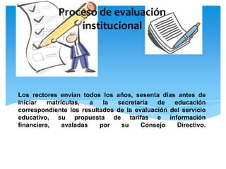 Proceso de evaluación
institucional

Los rectores envían todos los años, sesenta días antes de
iniciar
matrículas,
a
la
secretaría
de
educación
correspondiente los resultados de la evaluación del servicio
educativo, su propuesta de tarifas e información
financiera,
avaladas
por
su
Consejo
Directivo.

 