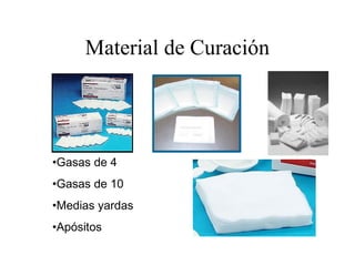 Material de Curación
•Gasas de 4
•Gasas de 10
•Medias yardas
•Apósitos
 