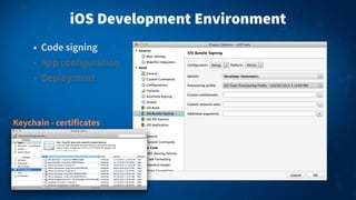 iOS Development Environment
• Code signing
• App configuration
• Deployment
Keychain - certificates
 