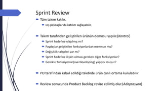 Sprint Review
 Tüm takım katılır.
 Dış paydaşlar da katılım sağlayabilir.
 Takım tarafından geliştirilen ürünün demosu yapılır.(Kontrol)
 Sprint hedefine ulaşılmış mı?
 Paydaşlar geliştirilen fonksiyonlardan memnun mu?
 Değişiklik talepleri var mı?
 Sprint hedefine ilişkin olması gereken diğer fonksiyonlar?
 Gereksiz fonksiyonlar(overdeveloping) yapıyor muyuz?
 PO tarafından kabul edildiği takdirde ürün canlı ortama kurulabilir.
 Review sonucunda Product Backlog revize edilmiş olur.(Adaptasyon)
 