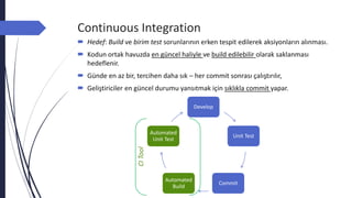 Continuous Integration
 Hedef: Build ve birim test sorunlarının erken tespit edilerek aksiyonların alınması.
 Kodun ortak havuzda en güncel haliyle ve build edilebilir olarak saklanması
hedeflenir.
 Günde en az bir, tercihen daha sık – her commit sonrası çalıştırılır,
 Geliştiriciler en güncel durumu yansıtmak için sıklıkla commit yapar.
Develop
Unit Test
Commit
Automated
Build
Automated
Unit TestCITool
 