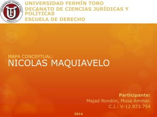 UNIVERSIDAD FERMÍN TORO 
DECANATO DE CIENCIAS JURÍDICAS Y 
POLÍTICAS 
ESCUELA DE DERECHO 
MAPA CONCEPTUAL: 
NICOLAS MAQUIAVELO 
Participante: 
Majad Rondón, Musa Ammar. 
C.I.: V-12.973.754 
2014 
 