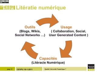Litératie numérique Usage ( Collaboration, Social, User Generated Content )  Capacités (Litéracie Numérique) Outils (Blogs, Wikis, Social Networks …) 