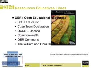 Ressources Éducatives Libres  OER : Open Educational Resources CC in Education Cape Town Declaration OCDE – Unesco Commonwealth OER Commons The William and Flora Hewlett Foundation Source : http://wiki.creativecommons.org/What_is_OER? 