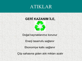 ATIKLAR
GERİ KAZANIM İLE,
Doğal kaynaklarımız korunur
Enerji tasarrufu sağlanır
Ekonomiye katkı sağlanır
Çöp sahasına giden atık miktarı azalır
 