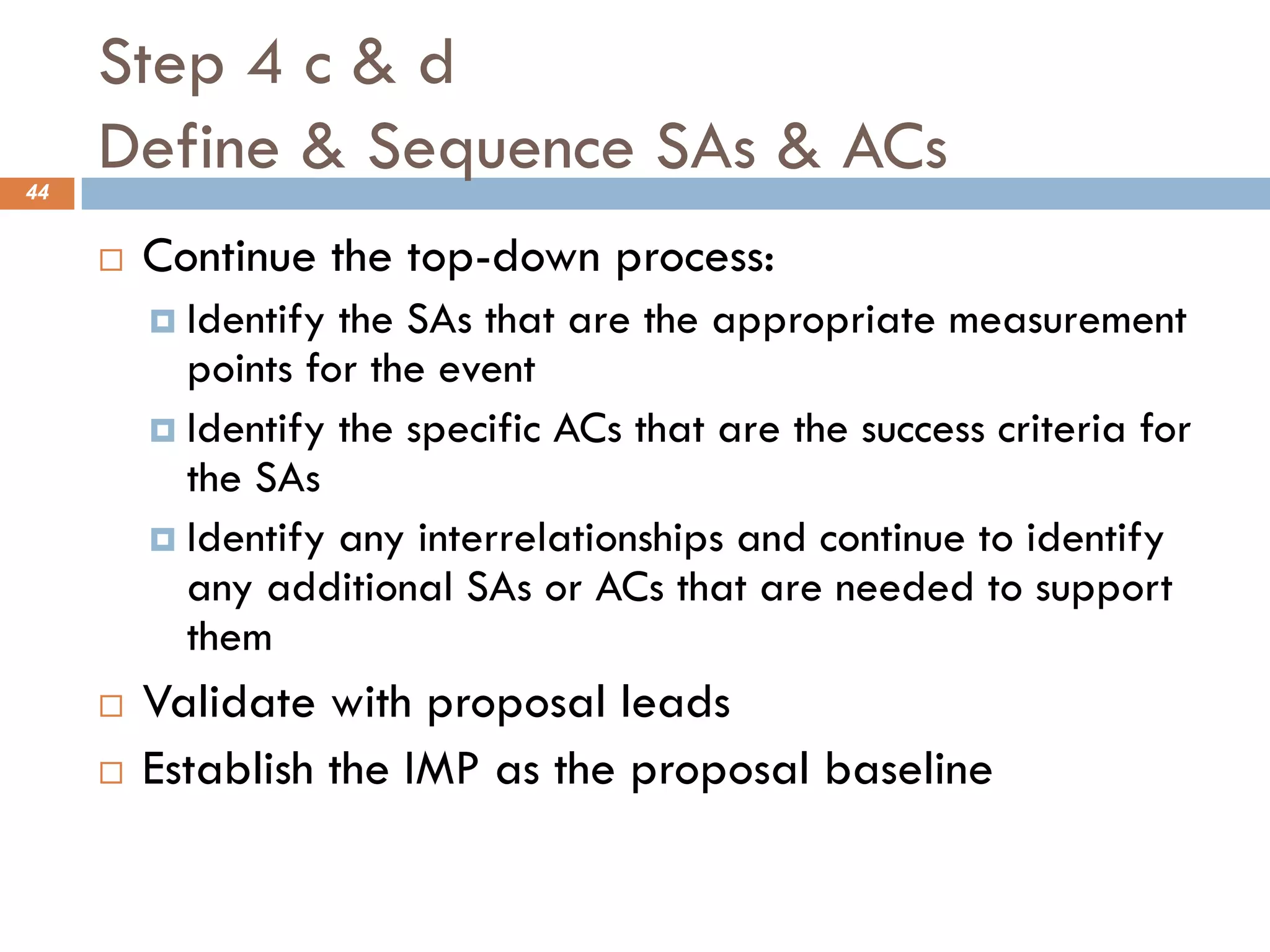 Step 4 c & d
Define & Sequence SAs & ACs
44
¨ Continue the top-down process:
¤ Identify the SAs that are the appropriate measurement
points for the event
¤ Identify the specific ACs that are the success criteria for
the SAs
¤ Identify any interrelationships and continue to identify
any additional SAs or ACs that are needed to support
them
¨ Validate with proposal leads
¨ Establish the IMP as the proposal baseline
 