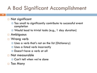 A Bad Significant Accomplishment
40
¨ Not significant
¤ Too small to significantly contribute to successful event
completi...