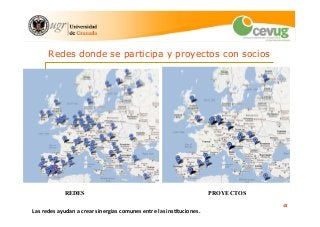 41 
Redes donde se participa y proyectos con socios 
REDES PROYECTOS 
Las 
redes 
ayudan 
a 
crear 
sinergias 
comunes 
entre 
las 
insEtuciones. 
 
