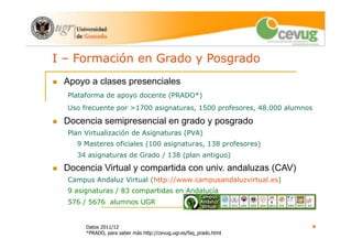 9 
I – Formación en Grado y Posgrado 
! Apoyo a clases presenciales 
Plataforma de apoyo docente (PRADO*) 
Uso frecuente por >1700 asignaturas, 1500 profesores, 48.000 alumnos 
! Docencia semipresencial en grado y posgrado 
Plan Virtualización de Asignaturas (PVA) 
9 Masteres oficiales (100 asignaturas, 138 profesores) 
34 asignaturas de Grado / 138 (plan antiguo) 
! Docencia Virtual y compartida con univ. andaluzas (CAV) 
Campus Andaluz Virtual (http://www.campusandaluzvirtual.es) 
9 asignaturas / 83 compartidas en Andalucía 
576 / 5676 alumnos UGR 
Datos 2011/12 
*PRADO, para saber más http://cevug.ugr.es/faq_prado.html 
 