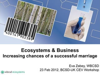 Ecosystems & Business
Increasing chances of a successful marriage

                                 Eva Zabey, WBCSD
                23 Feb 2012, BCSD-UK CEV Workshop
 