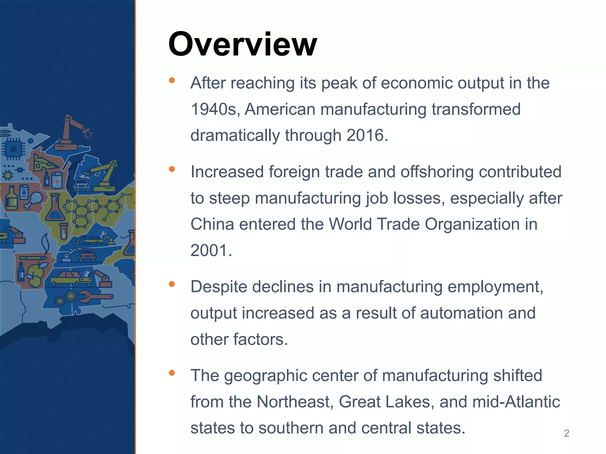 Overview
• After reaching its peak of economic output in the
1940s, American manufacturing transformed
dramatically through 2016.
• Increased foreign trade and offshoring contributed
to steep manufacturing job losses, especially after
China entered the World Trade Organization in
2001.
• Despite declines in manufacturing employment,
output increased as a result of automation and
other factors.
• The geographic center of manufacturing shifted
from the Northeast, Great Lakes, and mid-Atlantic
states to southern and central states. 2
 
