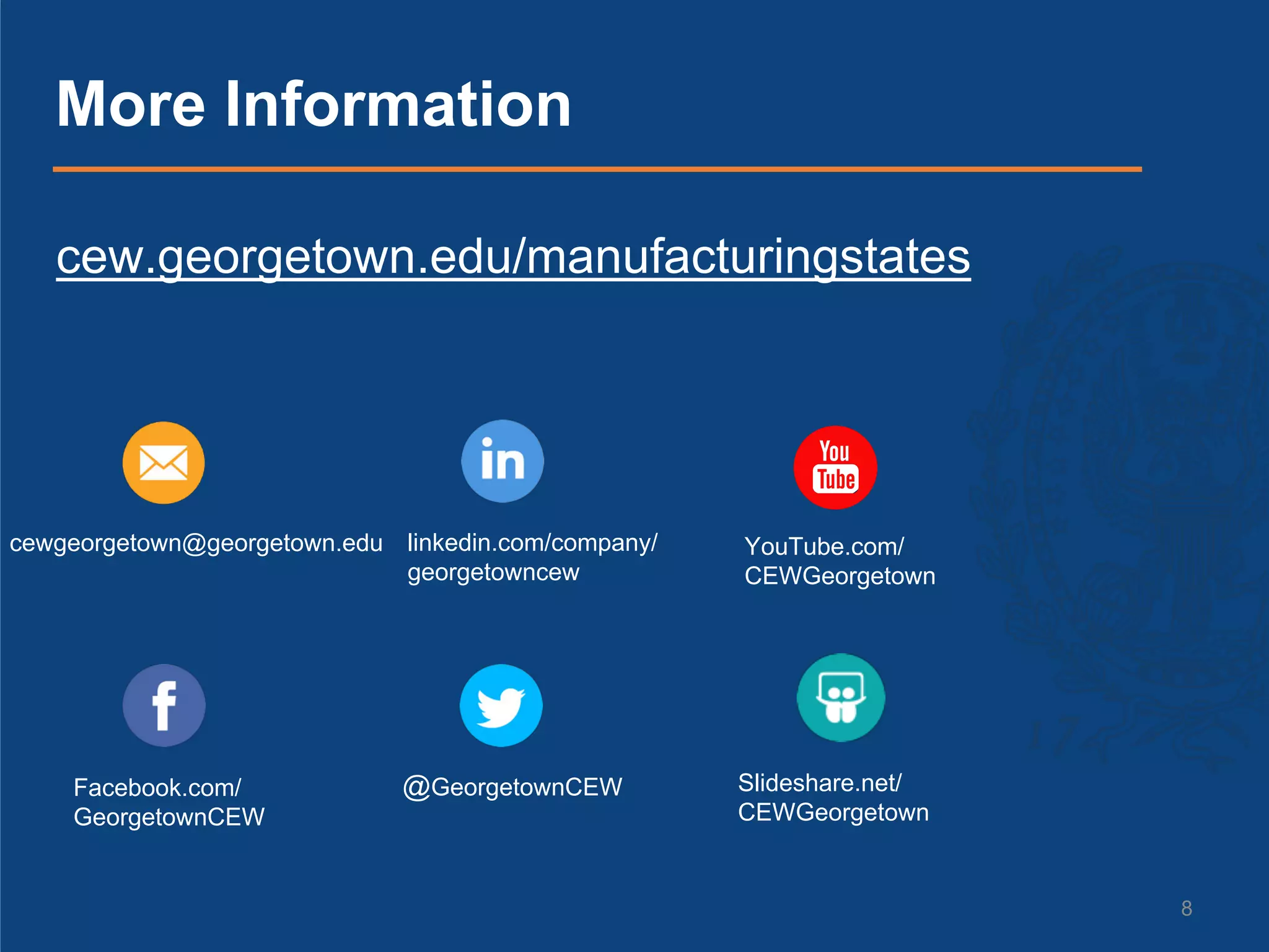 8
cew.georgetown.edu/manufacturingstates
More Information
cewgeorgetown@georgetown.edu
Facebook.com/
GeorgetownCEW
linkedin.com/company/
georgetowncew
@GeorgetownCEW Slideshare.net/
CEWGeorgetown
YouTube.com/
CEWGeorgetown
 