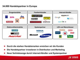 34.000 Handelspartner in Europa
► Durch die starken Handelsmarken erreichen wir die Kunden
► Die Handelspartner investieren in Distribution und Marketing
► Neue Vertriebswege durch Internet-Händler und Systempartner
Systempartner LEH und WarenhäuserElektronikfachmärkte
Drogeriemärkte Fotofachhändler Internet-Händler
 