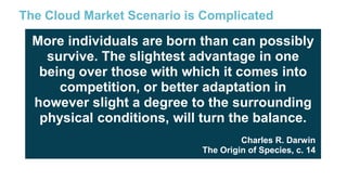 The Cloud Market Scenario is Complicated

More individuals are born than can possibly
survive. The slightest advantage in one
being over those with which it comes into
competition, or better adaptation in
however slight a degree to the surrounding
physical conditions, will turn the balance.
Charles R. Darwin
The Origin of Species, c. 14

+ local providers… too many competitors?
17

 