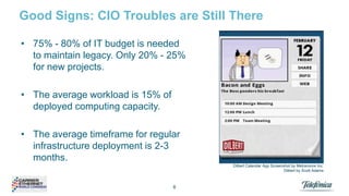 Good Signs: CIO Troubles are Still There
• 75% - 80% of IT budget is needed
to maintain legacy. Only 20% - 25%
for new projects.
• The average workload is 15% of
deployed computing capacity.
• The average timeframe for regular
infrastructure deployment is 2-3
months.
Dilbert Calendar App Screenshot by Metranome Inc.
Dilbert by Scott Adams

6

 