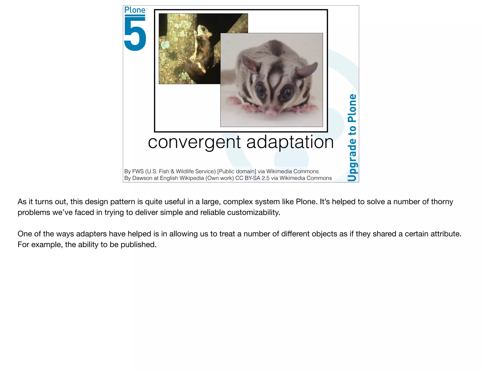 convergent adaptation
By FWS (U.S. Fish & Wildlife Service) [Public domain] via Wikimedia Commons
By Dawson at English Wikipedia (Own work) CC BY-SA 2.5 via Wikimedia Commons
As it turns out, this design pattern is quite useful in a large, complex system like Plone. It’s helped to solve a number of thorny
problems we’ve faced in trying to deliver simple and reliable customizability.

One of the ways adapters have helped is in allowing us to treat a number of diﬀerent objects as if they shared a certain attribute.
For example, the ability to be published.
 