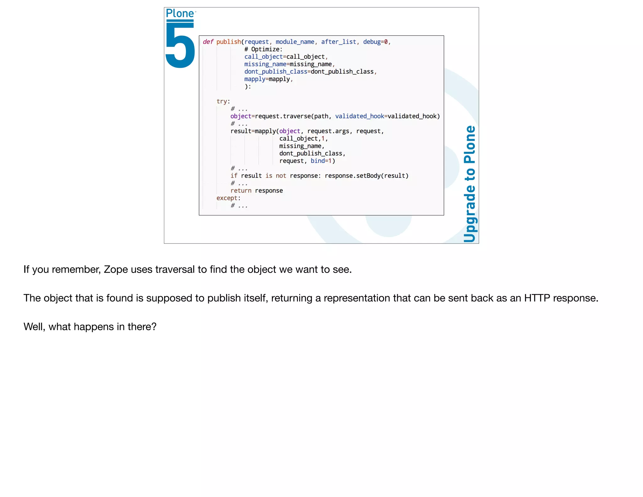 If you remember, Zope uses traversal to ﬁnd the object we want to see.

The object that is found is supposed to publish itself, returning a representation that can be sent back as an HTTP response.

Well, what happens in there?
 