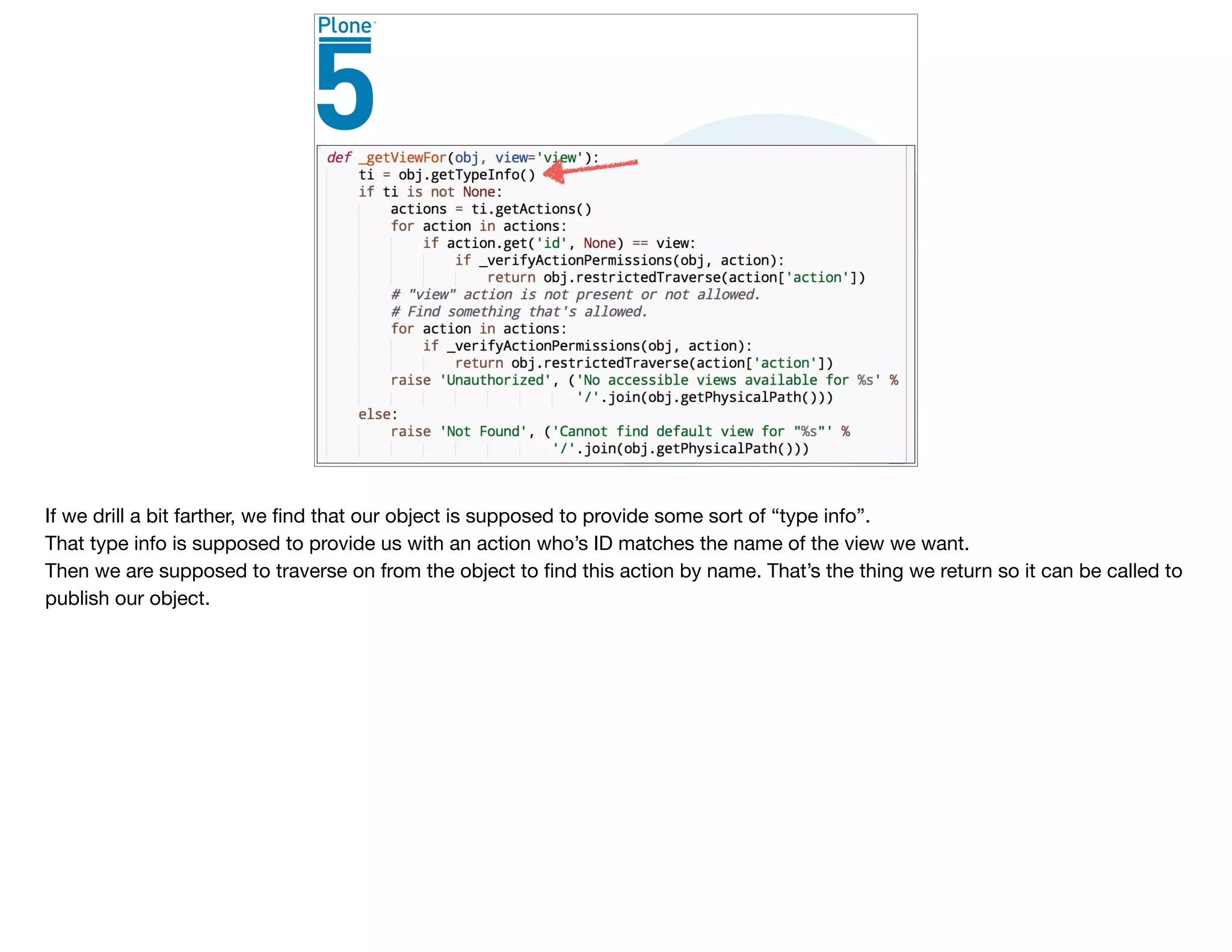 If we drill a bit farther, we ﬁnd that our object is supposed to provide some sort of “type info”.

That type info is supposed to provide us with an action who’s ID matches the name of the view we want.

Then we are supposed to traverse on from the object to ﬁnd this action by name. That’s the thing we return so it can be called to
publish our object.

 