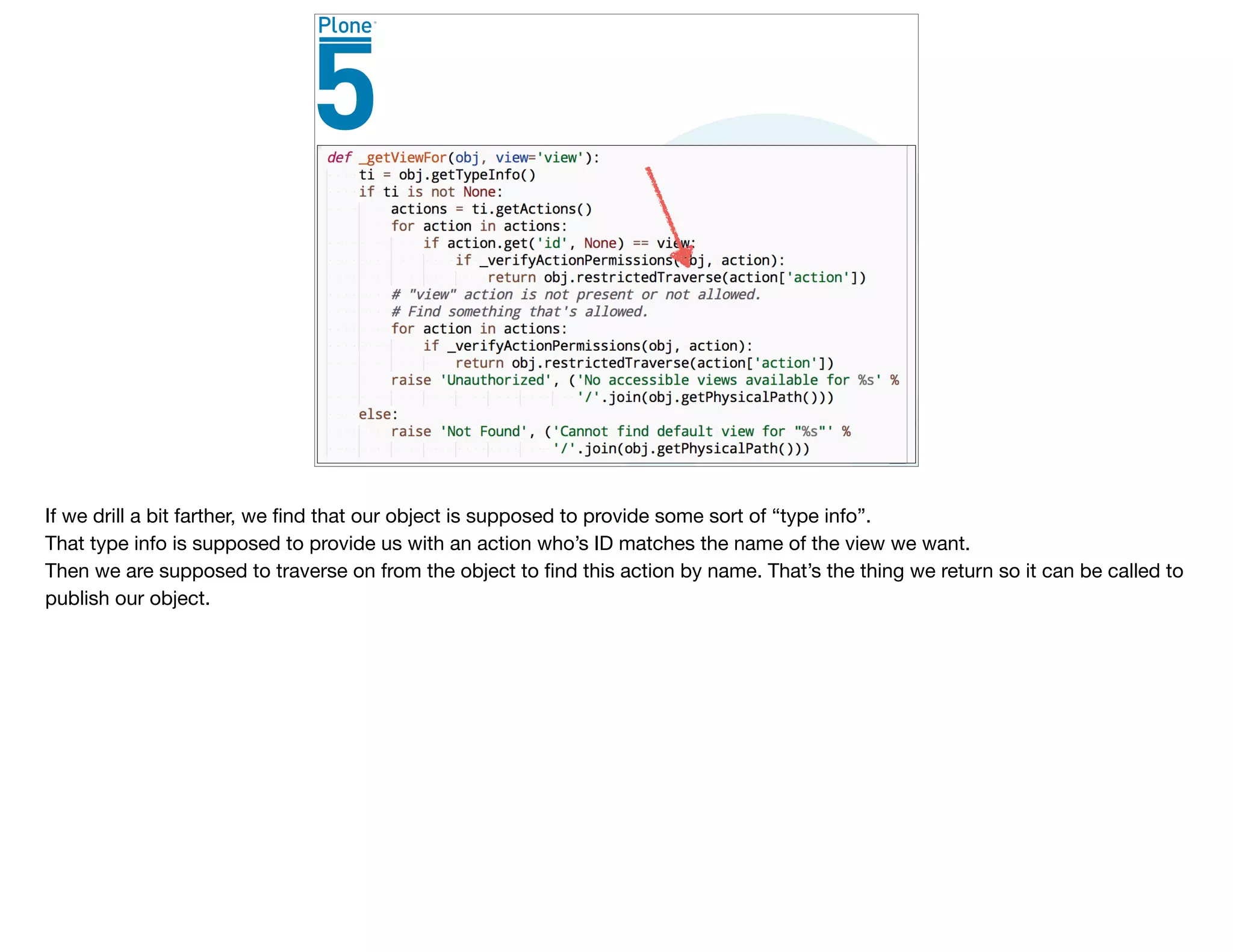 If we drill a bit farther, we ﬁnd that our object is supposed to provide some sort of “type info”.

That type info is supposed to provide us with an action who’s ID matches the name of the view we want.

Then we are supposed to traverse on from the object to ﬁnd this action by name. That’s the thing we return so it can be called to
publish our object.

 
