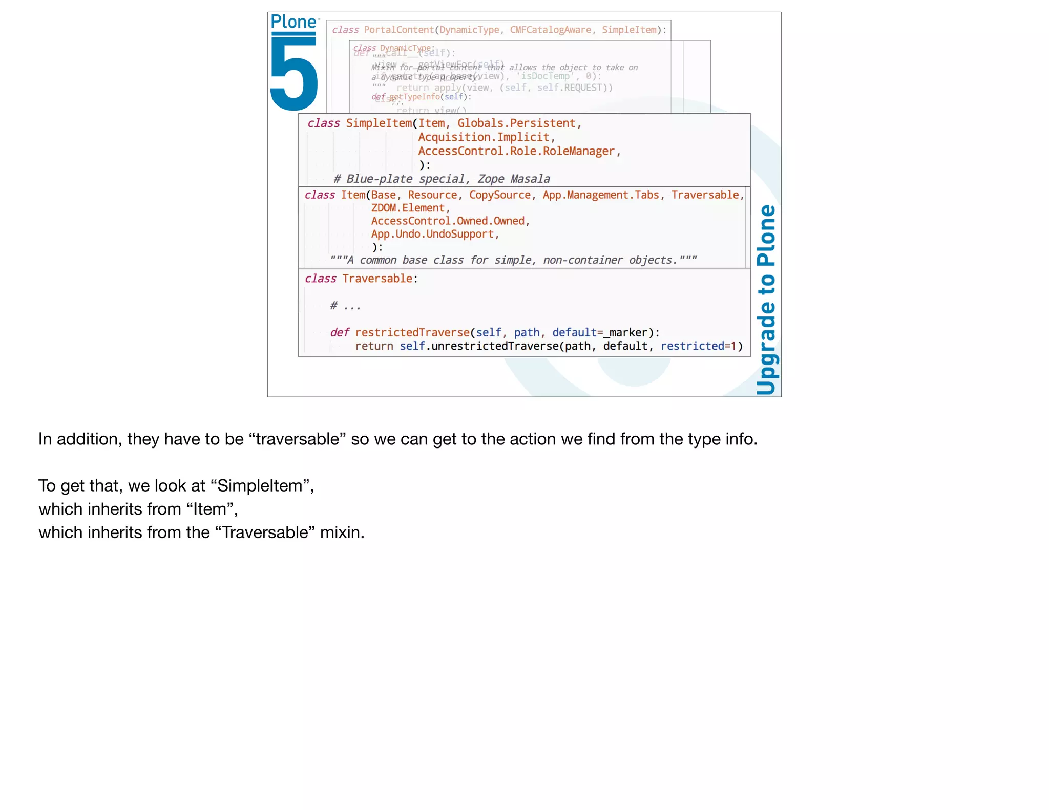 In addition, they have to be “traversable” so we can get to the action we ﬁnd from the type info.

To get that, we look at “SimpleItem”, 

which inherits from “Item”, 

which inherits from the “Traversable” mixin.

 
