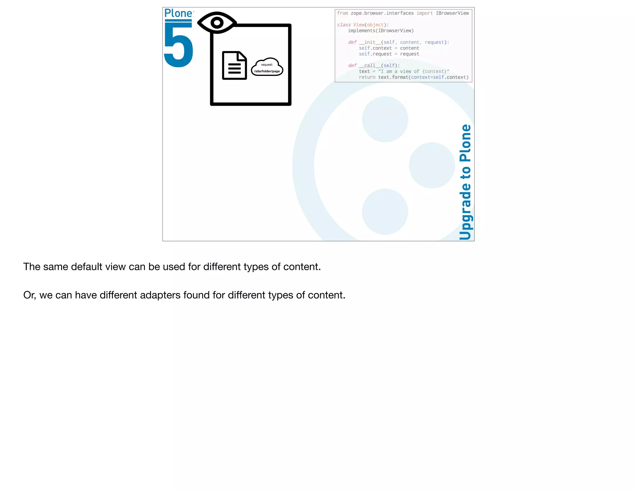 The same default view can be used for diﬀerent types of content.

Or, we can have diﬀerent adapters found for diﬀerent types of content.
 