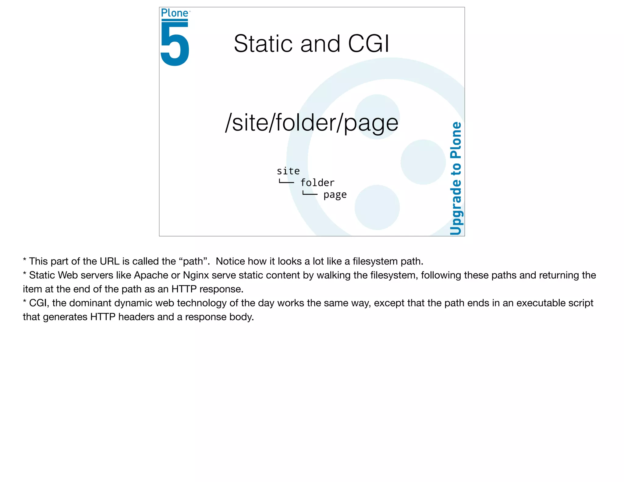 /site/folder/page
Static and CGI
* This part of the URL is called the “path”. Notice how it looks a lot like a ﬁlesystem path.

* Static Web servers like Apache or Nginx serve static content by walking the ﬁlesystem, following these paths and returning the
item at the end of the path as an HTTP response.

* CGI, the dominant dynamic web technology of the day works the same way, except that the path ends in an executable script
that generates HTTP headers and a response body.
 