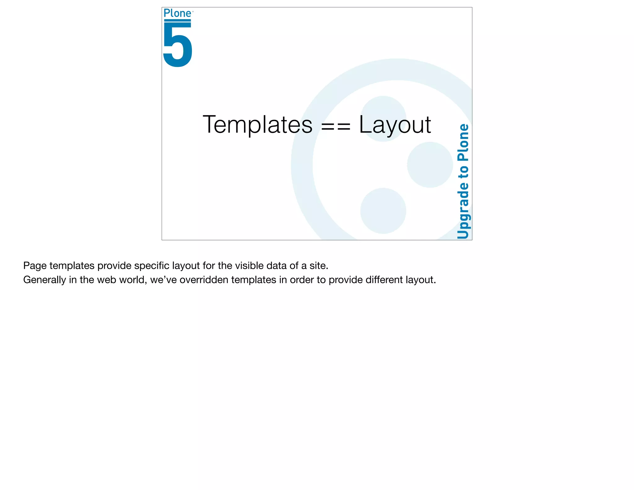Templates == Layout
Page templates provide speciﬁc layout for the visible data of a site.

Generally in the web world, we’ve overridden templates in order to provide diﬀerent layout.
 