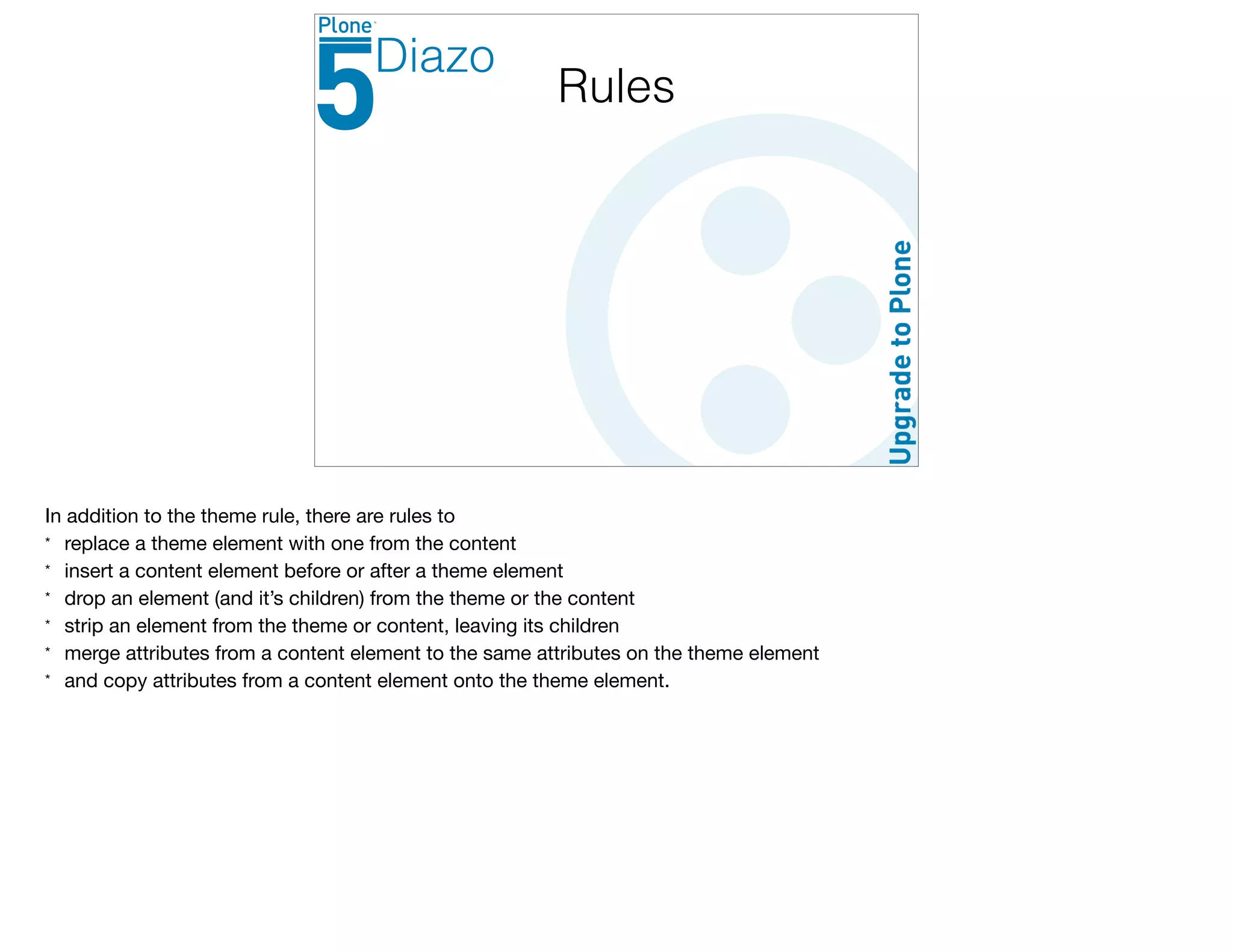 Rules
Diazo
In addition to the theme rule, there are rules to

* replace a theme element with one from the content

* insert a content element before or after a theme element

* drop an element (and it’s children) from the theme or the content

* strip an element from the theme or content, leaving its children

* merge attributes from a content element to the same attributes on the theme element

* and copy attributes from a content element onto the theme element.
 