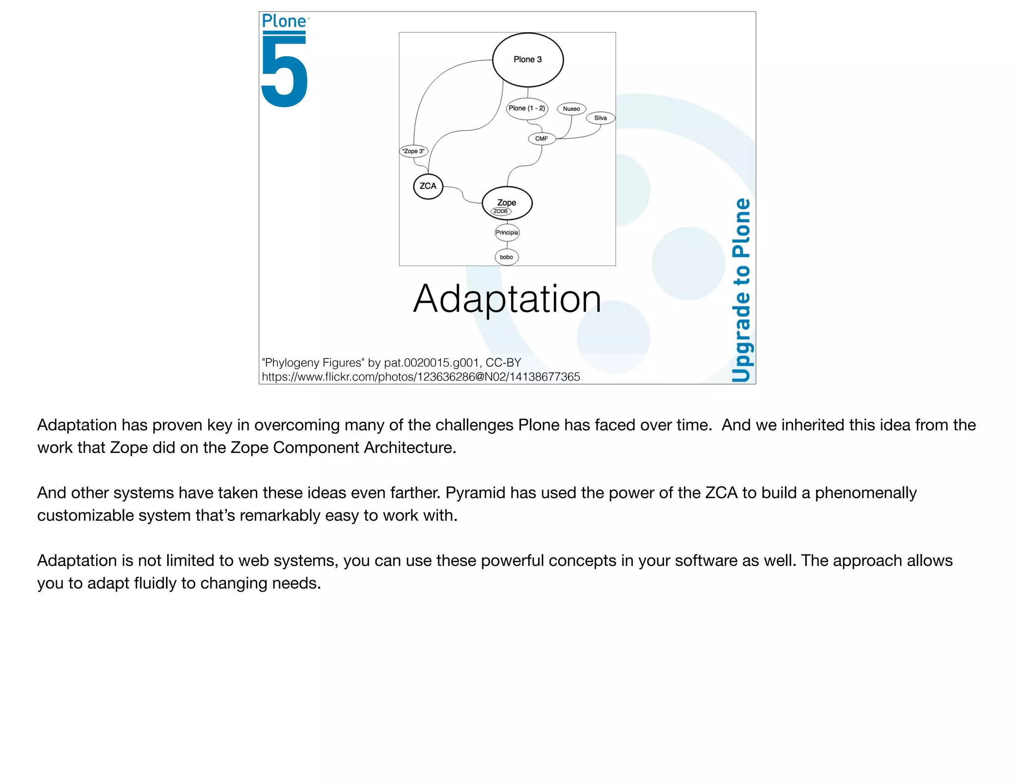 Adaptation
"Phylogeny Figures" by pat.0020015.g001, CC-BY
https://www.ﬂickr.com/photos/123636286@N02/14138677365
Adaptation has proven key in overcoming many of the challenges Plone has faced over time. And we inherited this idea from the
work that Zope did on the Zope Component Architecture.

And other systems have taken these ideas even farther. Pyramid has used the power of the ZCA to build a phenomenally
customizable system that’s remarkably easy to work with. 

Adaptation is not limited to web systems, you can use these powerful concepts in your software as well. The approach allows
you to adapt ﬂuidly to changing needs.

 