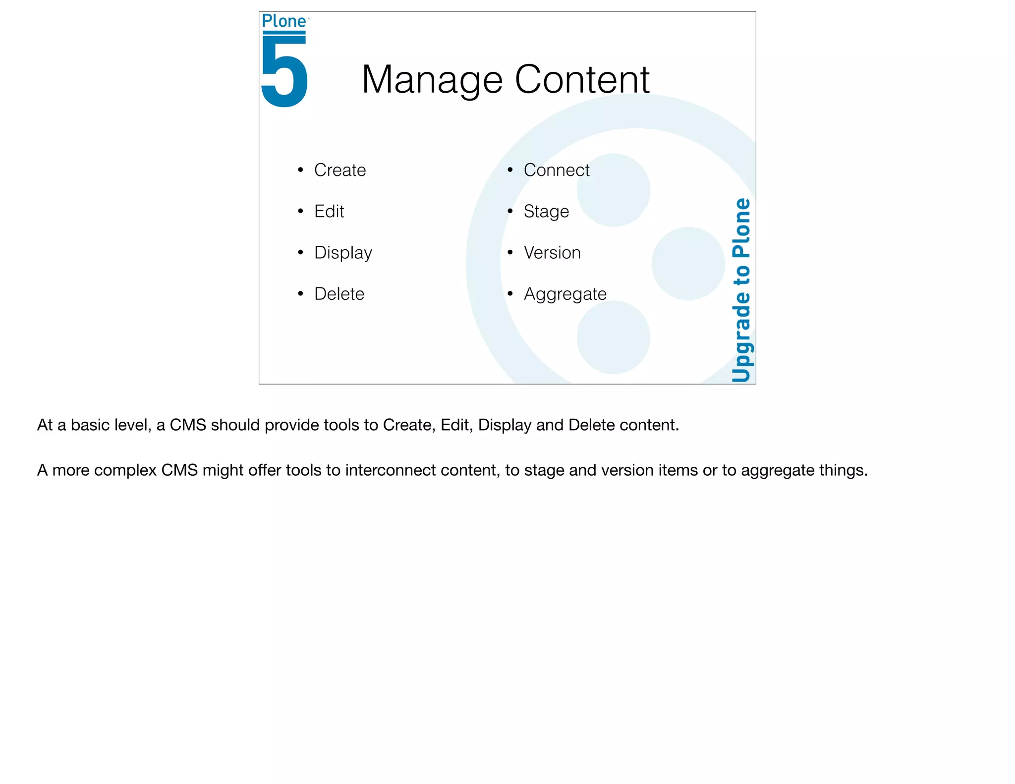 • Create
• Edit
• Display
• Delete
Manage Content
• Connect
• Stage
• Version
• Aggregate
At a basic level, a CMS should provide tools to Create, Edit, Display and Delete content.

A more complex CMS might oﬀer tools to interconnect content, to stage and version items or to aggregate things.
 