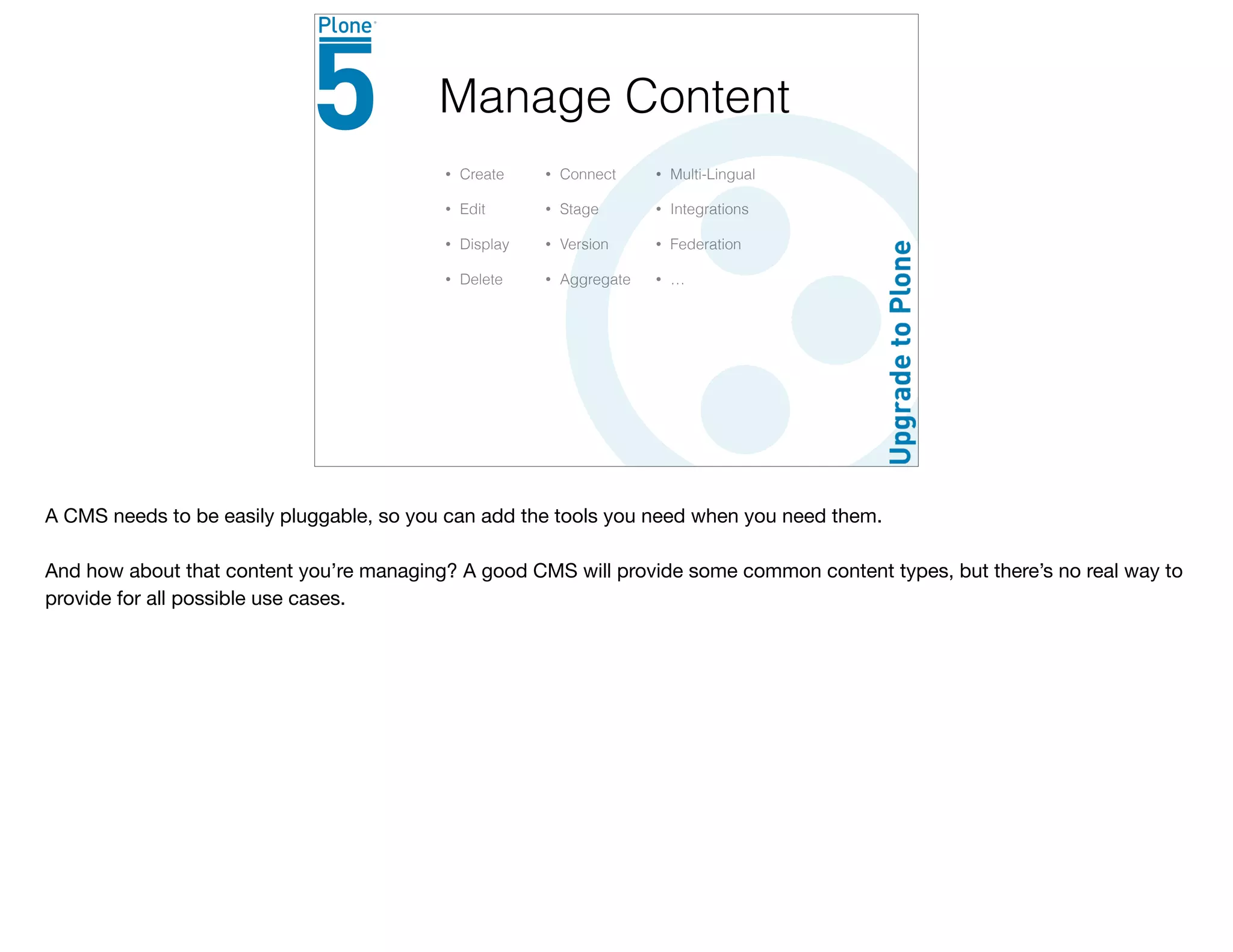 • Create
• Edit
• Display
• Delete
Manage Content
• Connect
• Stage
• Version
• Aggregate
• Multi-Lingual
• Integrations
• Federation
• …
A CMS needs to be easily pluggable, so you can add the tools you need when you need them.

And how about that content you’re managing? A good CMS will provide some common content types, but there’s no real way to
provide for all possible use cases.
 