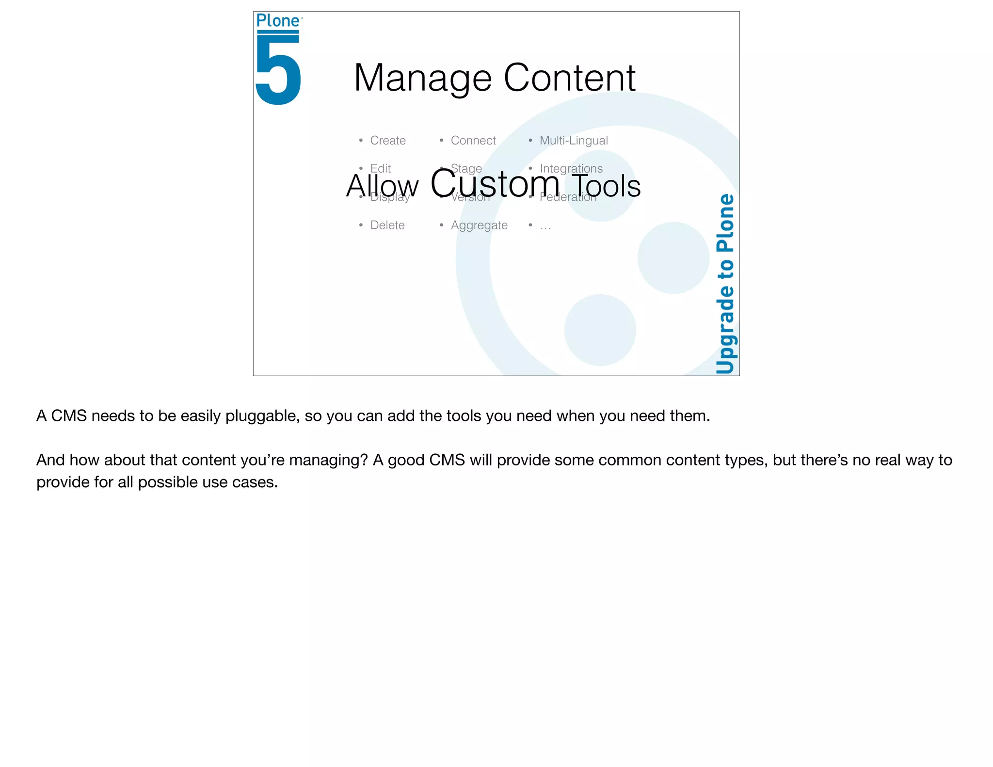 • Create
• Edit
• Display
• Delete
Manage Content
• Connect
• Stage
• Version
• Aggregate
• Multi-Lingual
• Integrations
• Federation
• …
Allow Custom Tools
A CMS needs to be easily pluggable, so you can add the tools you need when you need them.

And how about that content you’re managing? A good CMS will provide some common content types, but there’s no real way to
provide for all possible use cases.
 