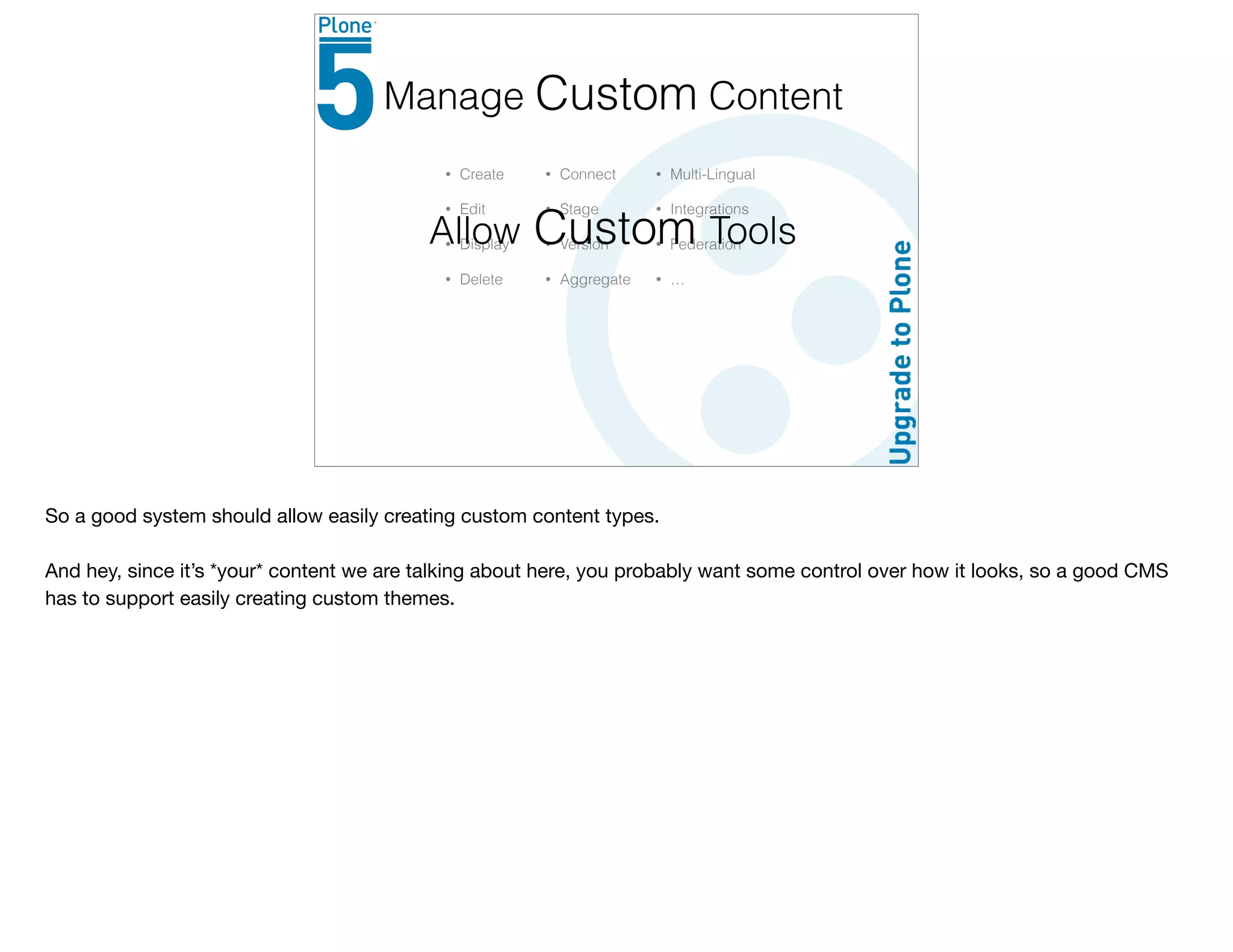 • Create
• Edit
• Display
• Delete
Manage Content
• Connect
• Stage
• Version
• Aggregate
• Multi-Lingual
• Integrations
• Federation
• …
Allow Custom Tools
Custom
So a good system should allow easily creating custom content types.

And hey, since it’s *your* content we are talking about here, you probably want some control over how it looks, so a good CMS
has to support easily creating custom themes.
 