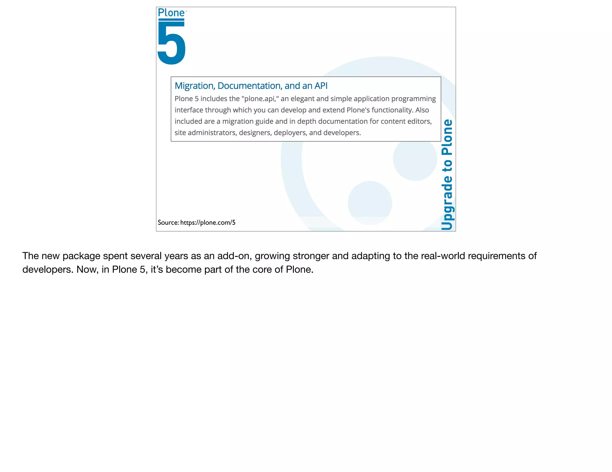 Source: https://plone.com/5
The new package spent several years as an add-on, growing stronger and adapting to the real-world requirements of
developers. Now, in Plone 5, it’s become part of the core of Plone.
 