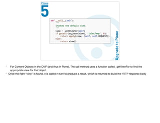 * For Content Objects in the CMF (and thus in Plone), The call method uses a function called _getViewFor to ﬁnd the
appropriate view for that object.

* Once the right “view” is found, it is called in turn to produce a result, which is returned to build the HTTP response body
 