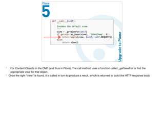 * For Content Objects in the CMF (and thus in Plone), The call method uses a function called _getViewFor to ﬁnd the
appropriate view for that object.

* Once the right “view” is found, it is called in turn to produce a result, which is returned to build the HTTP response body
 