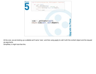 At the core, we are looking up a callable we’ll name ‘view’, and then using apply to call it with the content object and the request
as arguments.

Simpliﬁed, it might look like this:

 