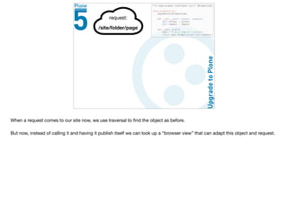 When a request comes to our site now, we use traversal to ﬁnd the object as before.

But now, instead of calling it and having it publish itself we can look up a “browser view” that can adapt this object and request.
 