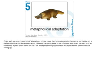 metaphorical adaptation
The Land Down Under - Australia – © 2014
Used with permission
Finally, we’ll see some “metaphorical” adaptations. In these cases, there’s no real adaptation happening, but the idea of it is
useful in thinking about how a system works. Honestly, I’ve got no reason to use a Platypus here, except that it’s a bit of an
evolutionary mystery (and it seems you can’t talk about programming approaches in an Object Oriented system without it
coming up).
 