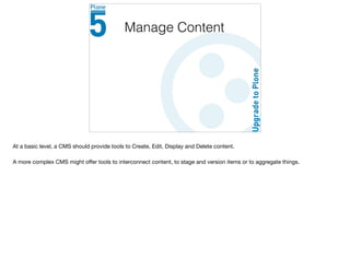 Manage Content
At a basic level, a CMS should provide tools to Create, Edit, Display and Delete content.

A more complex CMS might oﬀer tools to interconnect content, to stage and version items or to aggregate things.
 