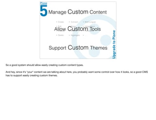• Create
• Edit
• Display
• Delete
Manage Content
• Connect
• Stage
• Version
• Aggregate
• Multi-Lingual
• Integrations
• Federation
• …
Allow Custom Tools
Custom
Support Custom Themes
So a good system should allow easily creating custom content types.

And hey, since it’s *your* content we are talking about here, you probably want some control over how it looks, so a good CMS
has to support easily creating custom themes.
 