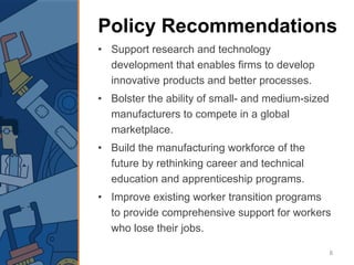 Policy Recommendations
• Support research and technology
development that enables firms to develop
innovative products and better processes.
• Bolster the ability of small- and medium-sized
manufacturers to compete in a global
marketplace.
• Build the manufacturing workforce of the
future by rethinking career and technical
education and apprenticeship programs.
• Improve existing worker transition programs
to provide comprehensive support for workers
who lose their jobs.
8
 