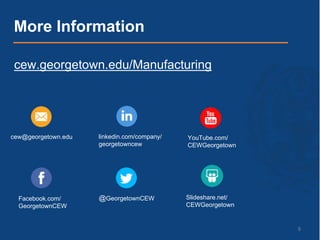 9
cew.georgetown.edu/Manufacturing
More Information
cew@georgetown.edu
Facebook.com/
GeorgetownCEW
linkedin.com/company/
georgetowncew
@GeorgetownCEW Slideshare.net/
CEWGeorgetown
YouTube.com/
CEWGeorgetown
 