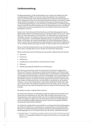 Länderauswertung

                   Die Regelungskompetenz für Gleichstellungsfragen liegt im Rahmen der Vorgaben des Hoch-
                   schulrahmengesetzes (HRG) in der Hand der einzelnen Bundesländer. Trotz zunehmender
                   Autonomie der Hochschulen haben gesetzliche Regelungen und politische Entscheidungen der
                   Länder maßgeblichen Einfluss auf die Verwirklichung der Gleichstellung an Hochschulen. Sowohl
                   bei den gesetzlichen Vorgaben, der institutionellen Verankerung und Ausstattung der Frauen-
                   und Gleichstellungsbeauftragten und der Einbeziehung der Gleichstellung in die Mittelverteilung
                   als auch hinsichtlich der politischen Bedeutung, die der Gleichstellung von Frauen und Männern
                   in Wissenschaft und Forschung beigemessen wird, sind erhebliche Unterschiede zwischen den
                   Bundesländern erkennbar.

                   Seit der ersten Fortschreibung des Hochschulrankings nach Gleichstellungsaspekten legt das
                   CEWS deshalb zusätzlich eine Länderauswertung vor, die Auskunft geben soll, ob und in welcher
                   Weise sich solche Unterschiede auf die Fortschritte in der Gleichstellung an Hochschulen auf
                   Länderebene auswirken. Die Auswertung erlaubt einen quantitativen Ländervergleich bezogen
                   auf die Frauenanteile in unterschiedlichen Qualifikationsstufen und identifiziert zugleich die
                   Stärken und Schwächen der einzelnen Bundesländer. Um zeitliche Veränderungen sichtbar zu
                   machen, werden neben der Länderauswertung 2007 (basierend auf den Zahlen für 2005) die Da-
                   ten der vorherigen Länderauswertungen (mit Zahlen für 2003 und 2001) erneut veröffentlicht.

                   Ebenso wie das Hochschulranking beruht auch die Länderauswertung ausschließlich auf quanti-
                   tativen Daten. Grundlage bilden auch hier die Daten des Statistischen Bundesamtes.

                   Mit dem Länderranking wird die Entwicklung der Frauenanteile in folgenden Bereichen bewertet:
                   •	 Studierende
                   •	 Promotionen
                   •	 Habilitationen
                   •	 hauptberufliches wissenschaftliches und künstlerisches Personal
                   •	 Professuren
                   •	 Veränderungen gegenüber 2000 (Personal und Professuren).

                   Beim Ranking der Hochschulen werden die Frauenanteile bei Promotionen, Habilitationen,
                   Personal und Professuren in Beziehung zum Studentinnenanteil gesetzt, um Differenzierungen
                   aufgrund einer geschlechterspezifischen Studienfachwahl zu berücksichtigen und Hochschulen
                   mit vorwiegend naturwissenschaftlich-technischen Studiengängen nicht zu benachteiligen. Eine
                   solche Berechnung ist für die Länderauswertung nicht notwendig. Unterschiede zwischen den
                   Bundesländern bezüglich des Studentinnenanteils spiegeln keine spezifischen Fächerstrukturen
                   wider, sondern sind wahrscheinlich eher auf Unterschiede im Frauenanteil an den Studienbe-
                   rechtigten in den einzelnen Bundesländern zurückzuführen (Middendorff 2004). Zudem haben
                   sich die Unterschiede in den Studentinnenanteilen zwischen den Ländern seit der ersten Län-
                   derauswertung von über sieben Prozentpunkten 2001 auf weniger als fünf Prozentpunkte 2005
                   verringert.

                   Die Indikatoren werden in folgender Weise berechnet:

                   Für die Bereiche Promotionen und Habilitationen bildet der Indikator den Frauenanteil an den
                   Promotionen bzw. Habilitationen der Jahre 2003, 2004 und 2005 ab. Der Bezug auf einen
                   Dreijahreszeitraum liefert verlässliche Zahlen, die nicht von Zufallsschwankungen beeinflusst
                   werden. Der Vergleich mit Daten, die von der Bund-Länder-Kommission für Bildungsplanung
                   und Forschungsförderung (BLK) veröffentlicht werden, zeigt auf der Landesebene erhebliche
                   Schwankungen aufgrund kleiner Fallzahlen.8
Länderauswertung




                   Für die Bereiche hauptberufliches wissenschaftliches und künstlerisches Personal (Personalgrup-
                   pen Professuren, DozentInnen und AssistentInnen, wissenschaftliche und künstlerische Mitar-
                   beiterInnen, Lehrkräfte für besondere Aufgaben) und Professuren (Personalgruppe Professuren,
                   Besoldungsgruppen C4, C3, C2 auf Dauer und Zeit, W3, W2 und W1, ordentliche Professuren,

                   8	 BLK 2006, Tabelle 2.1.: In Brandenburg und Bremen werden pro Jahr weniger als 100 Frauen promoviert;
                      Tabelle 3.1.: In 13 Bundesländern habilitieren sich weniger als 50 Frauen pro Jahr, in vier Ländern sogar
                      weniger als zehn.




 20
 