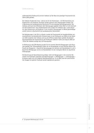 Länderauswertung



außerordentliche Professuren) wird der Indikator auf der Basis des jeweiligen Frauenanteils des
Jahres 2005 gebildet.

Der Indikator Studierende misst – ebenso wie für die Hochschulen – die Gleichverteilung von
Studentinnen und Studenten. Die Daten werden getrennt nach Fächergruppen erhoben und
in Beziehung zum bundesdeutschen Durchschnitt für die jeweilige Fächergruppe gesetzt. Der
Indikator wird durch den Mittelwert aller Fächergruppen gebildet. Dieser Wert ist nicht identisch
mit dem Studentinnen- bzw. Studentenanteil eines Landes.9 Ein Indikator über 1 weist darauf
hin, dass Studentinnen und Studenten in den einzelnen Fächergruppen im Mittel gleichmäßiger
verteilt sind als im Durchschnitt der bundesdeutschen Hochschulen.

Um Veränderungen in der Zeit zu erfassen, wurden die Frauenanteile am hauptberuflichen wis-
senschaftlichen und künstlerischen Personal sowie an den Professuren von 2000 mit den Daten
von 2005 verglichen. Der Indikator wird aus der Differenz beider Daten gebildet. Bundesweit
lag beispielsweise der Frauenanteil an den Professuren 2000 bei 10,5% und stieg bis 2005 auf
14,3%. Der Indikator beträgt also 3,8 Prozentpunkte.

In Anlehnung an das CHE-Ranking wurden für die einzelnen Bereiche Ranggruppen nach Quar-
tilen gebildet: Bei 16 Bundesländern bilden die vier Bundesländer mit den höchsten Werten (25
Prozent der Rangwerte, 1. Quartil) die Spitzengruppe, die nächsten acht Bundesländer (2. und 3.
Quartil) die Mittelgruppe und die vier Bundesländer mit den niedrigsten Werten (4. Quartil) die
Schlussgruppe.

Die Berechnung der Gesamtbewertung erfolgt, indem den Ranggruppen in den einzelnen Be-
reichen eine Punktzahl zugeordnet wird (Spitzengruppe = 2, Mittelgruppe = 1, Schlussgruppe =
0). Daraus ergibt sich eine mögliche Höchstpunktzahl von 14, ein Wert, den kein Land erreicht
hat. Gruppen mit gleicher Punktzahl werden alphabetisch geordnet.




                                                                                                    Länderauswertung




9	 Zur genauen Berechnung vgl. S. 32-33




                                                                                                       21
 