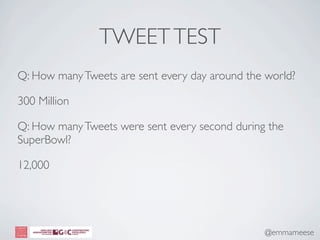 TWEET TEST
Q: How many Tweets are sent every day around the world?

300 Million

Q: How many Tweets were sent every second during the
SuperBowl?

12,000




                                                @emmameese
 